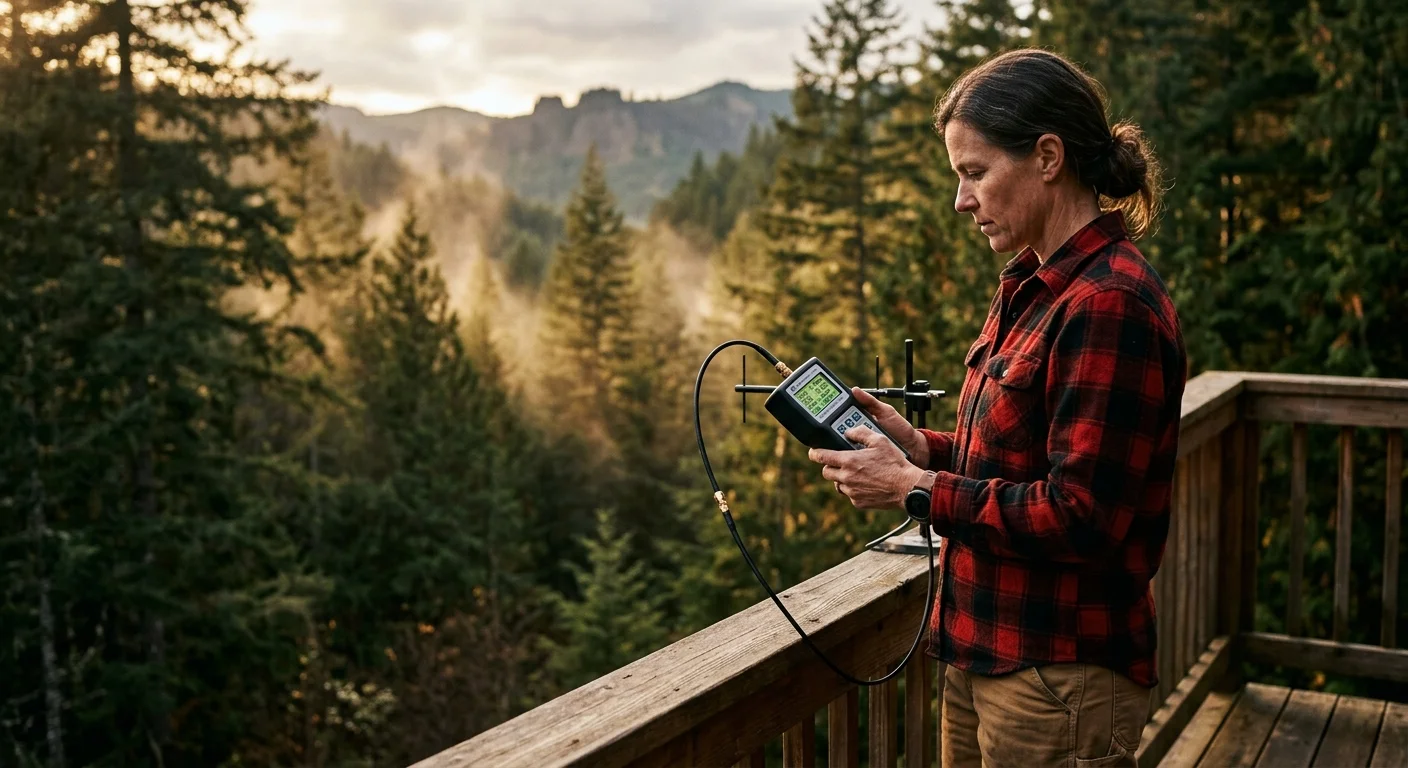 A woman in a red plaid shirt holds a handheld signal meter connected to a small antenna on a wooden deck in the forest.