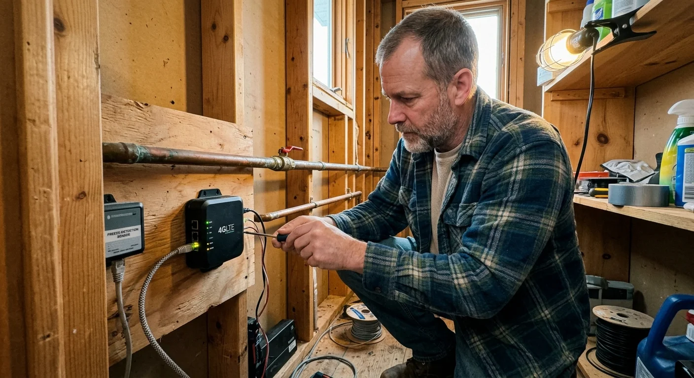 A man crouched in a utility space installs wiring into a 4G LTE cellular hub mounted near exposed pipes.