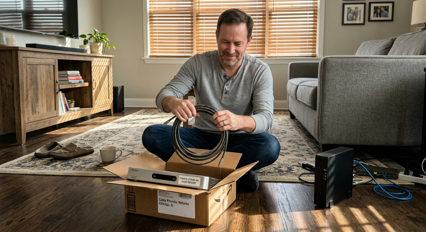 A man sits on a living room floor packing a cable box and coiled coaxial cable into a cardboard return box.