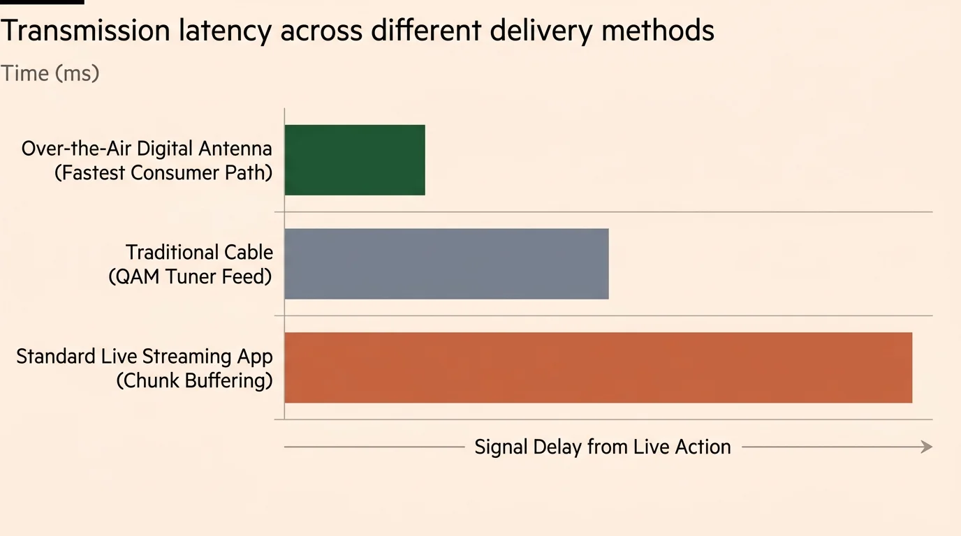 Bar chart comparing transmission latency across over-the-air antenna, traditional cable, and standard live streaming apps.