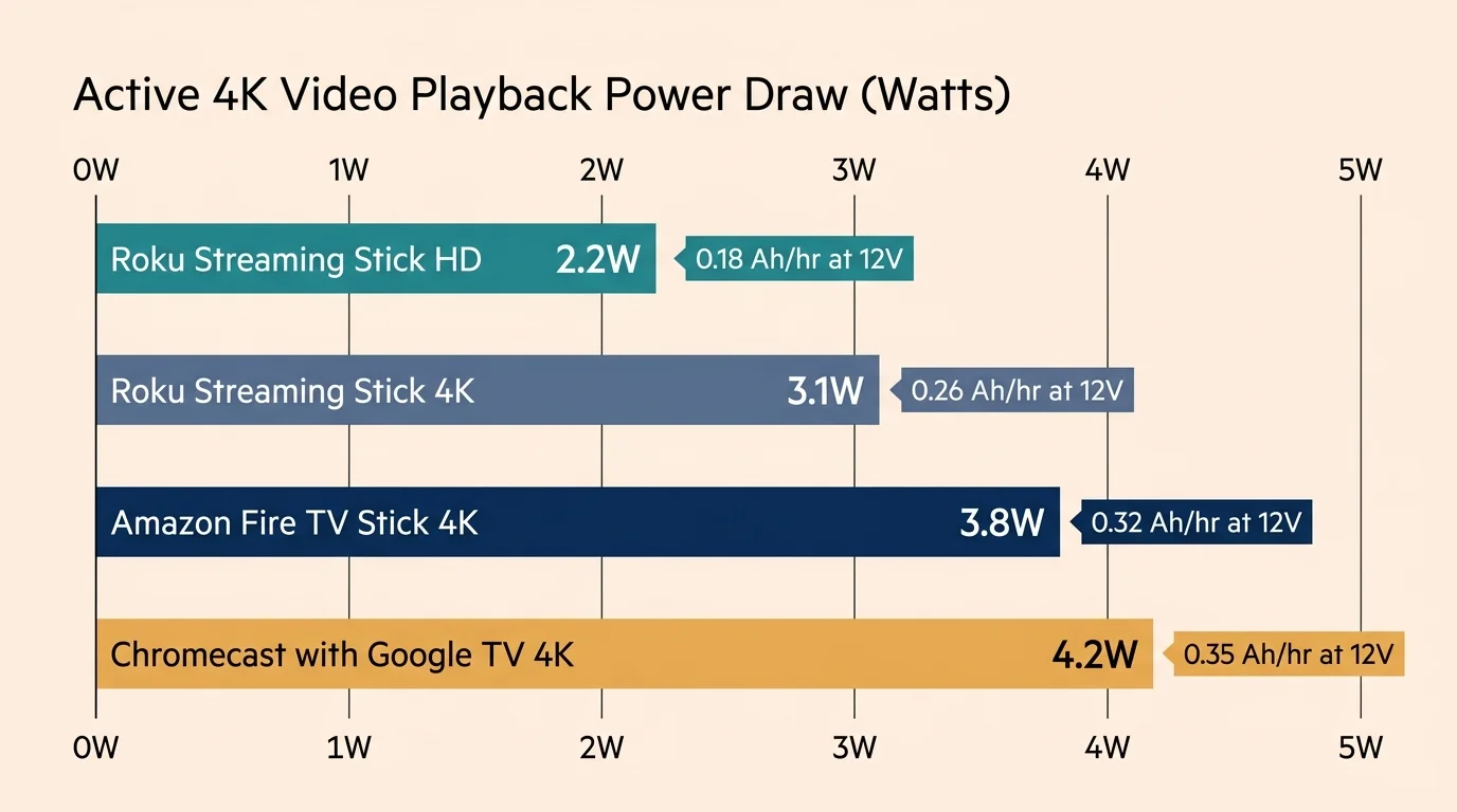 Bar chart comparing active video playback power draw across four streaming sticks from 2.2W up to 4.2W.