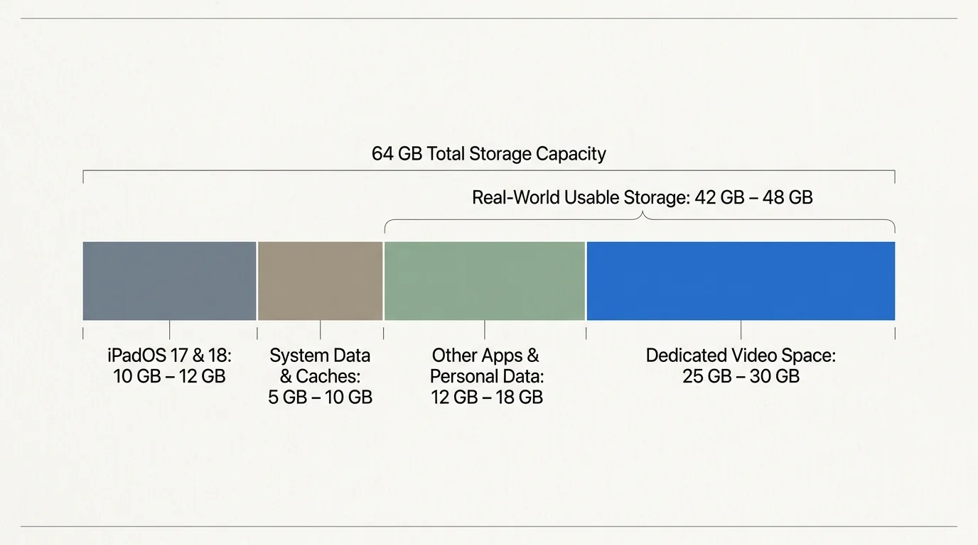 Horizontal bar chart breaking down 64 GB iPad storage into system data, caches, apps, and video space.