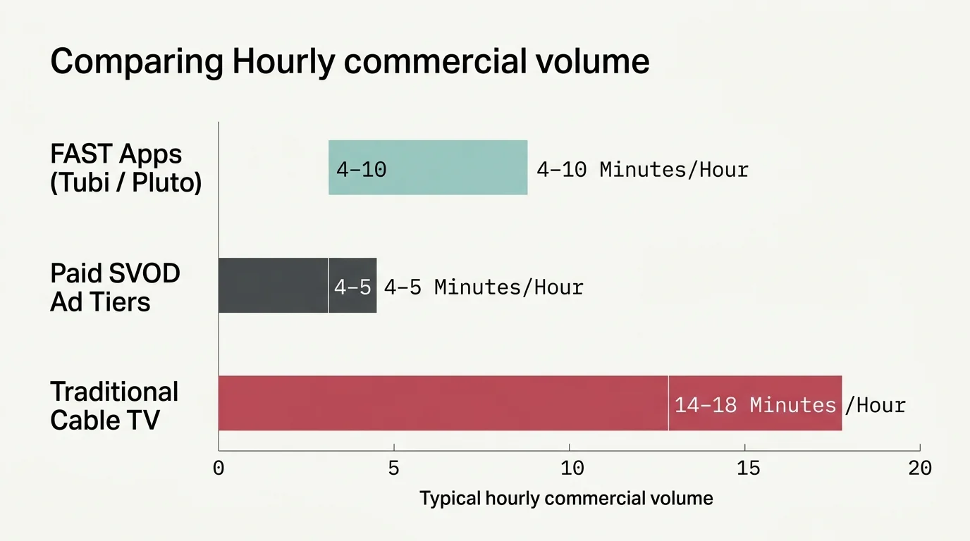 Bar chart comparing hourly ad minutes across FAST apps, paid SVOD ad tiers, and traditional cable TV.