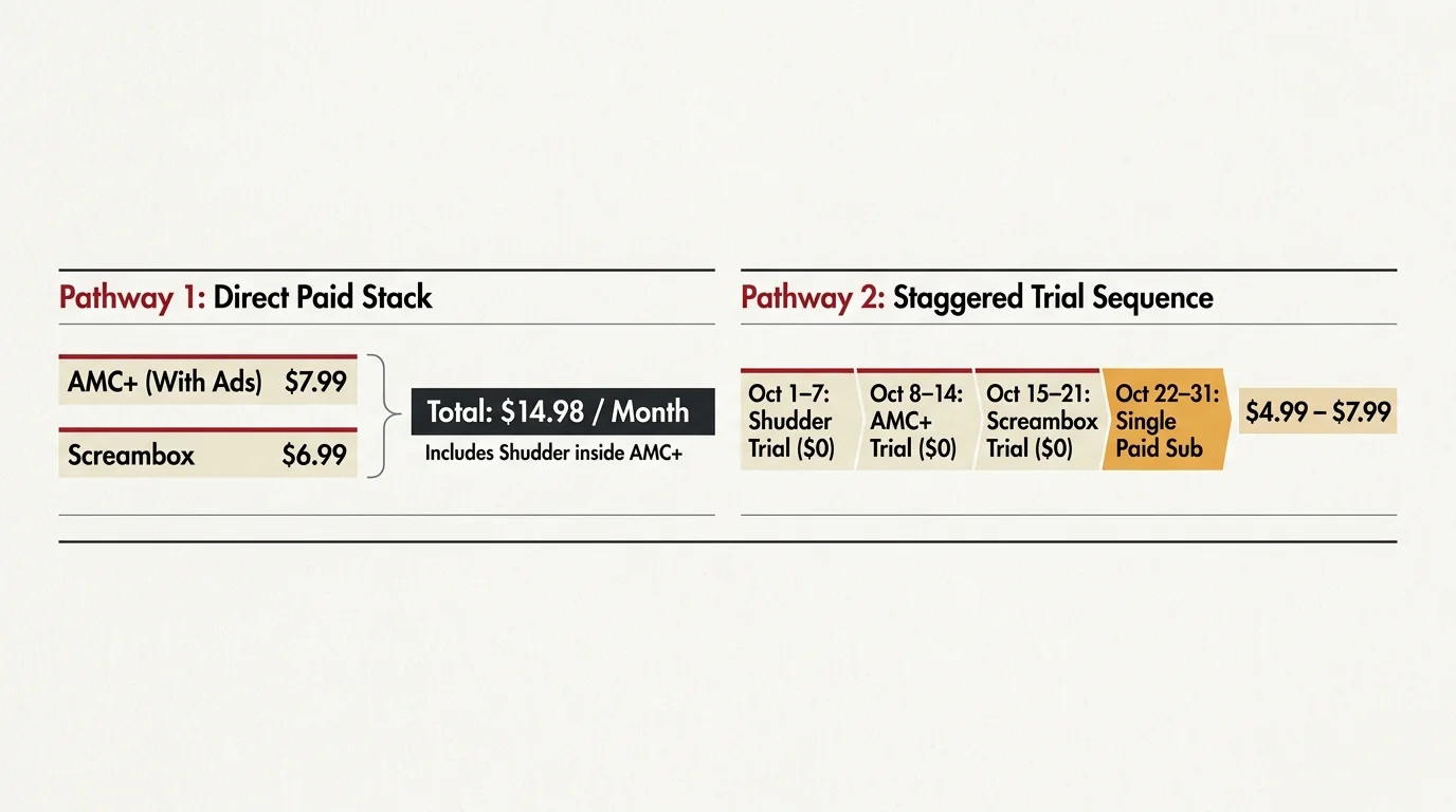 Diagram comparing Pathway 1 Direct Paid Stack totaling $14.98 to Pathway 2 Staggered Trial Sequence totaling $4.99 to $7.99.