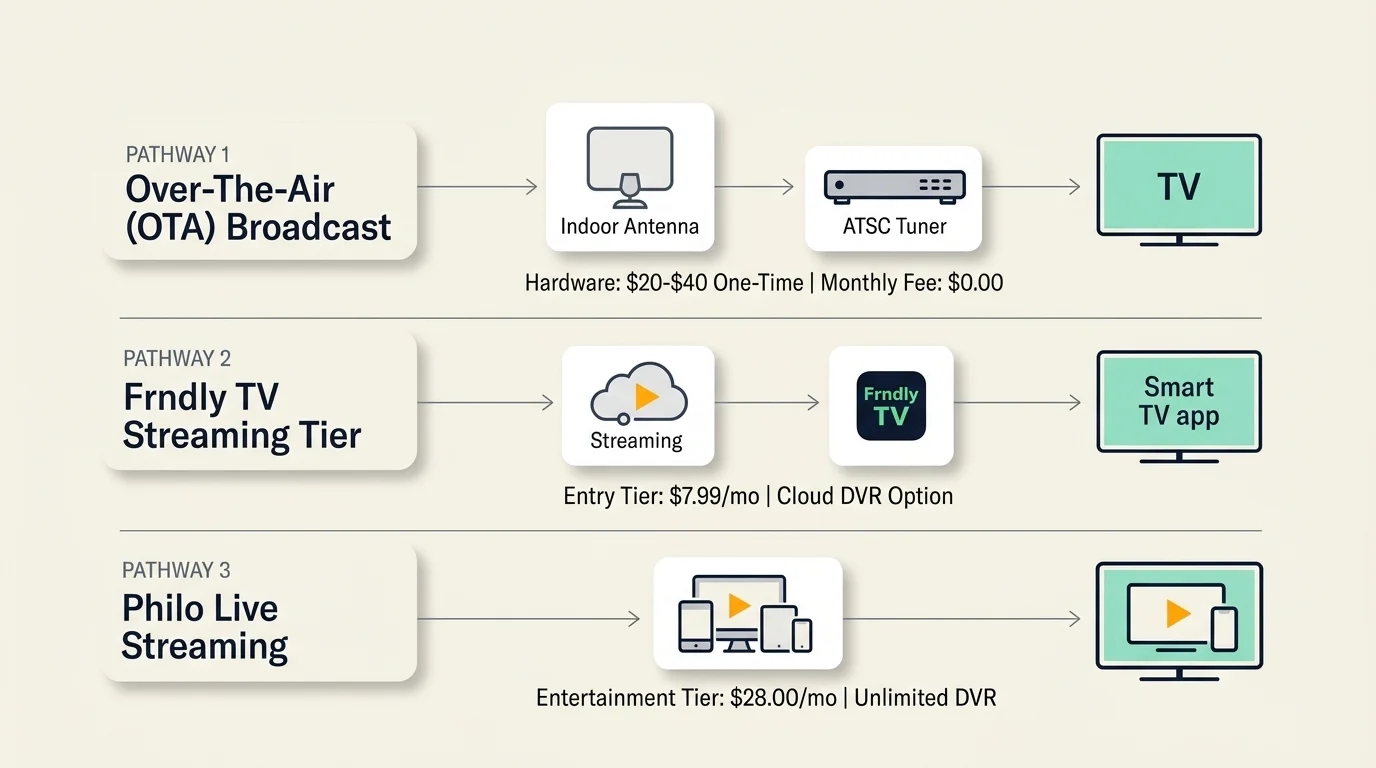 Diagram outlining three pathways to watch television: OTA Broadcast, Frndly TV Streaming Tier, and Philo Live Streaming.