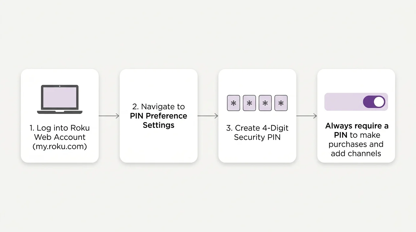 Four-step diagram showing Roku web login, navigating to PIN settings, creating a 4-digit PIN, and enabling purchase requirements.