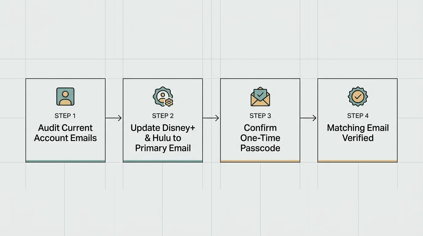 Four-step diagram showing the process from auditing current emails to verifying matching emails across accounts.
