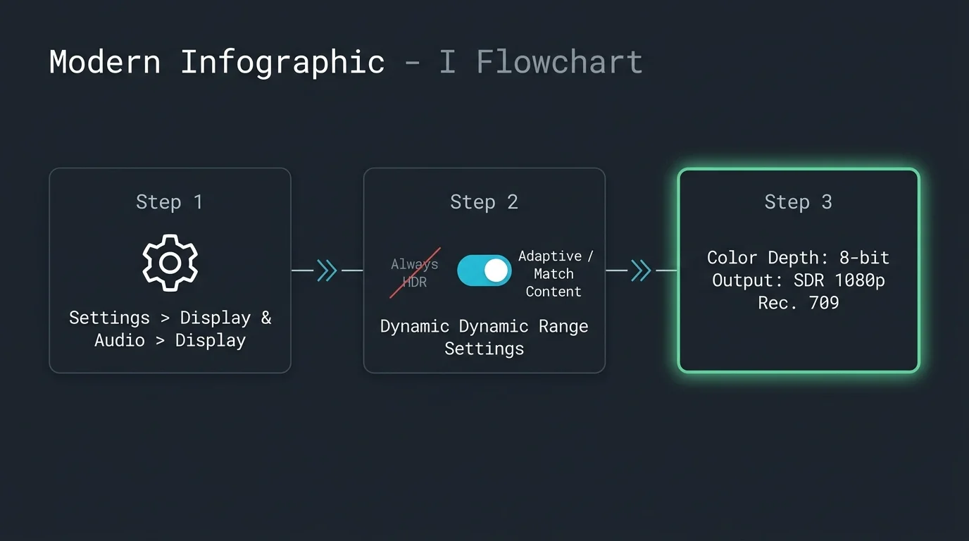 Three-step flowchart outlining settings menu navigation to adjust dynamic range settings for SDR 1080p Rec. 709 output.
