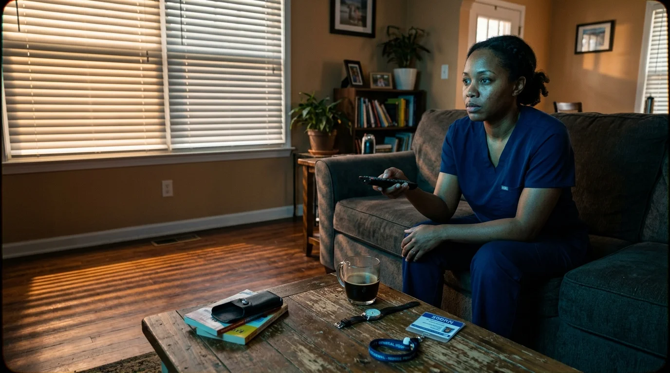 A woman in blue hospital scrubs sits on a couch holding a remote control, looking toward a television screen.
