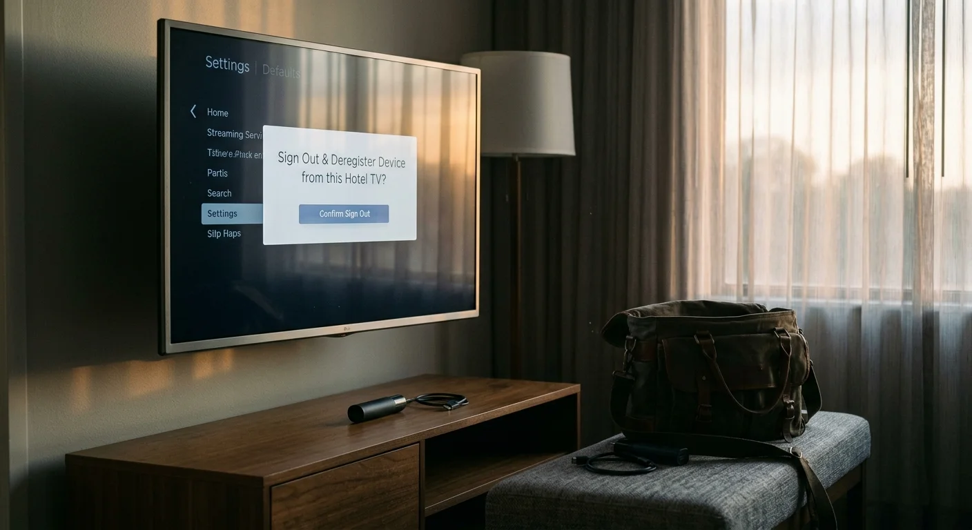 Mounted hotel television displaying a sign-out confirmation dialog box above a console table and luggage bench.