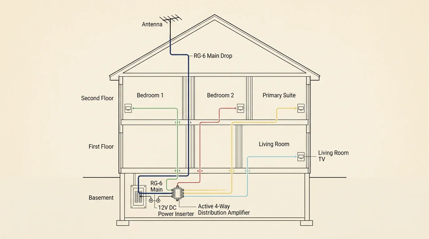 Cross-section diagram of a house showing coax cable running from an attic antenna to a basement splitter serving four rooms.