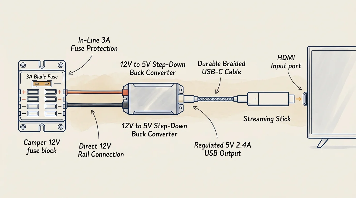 Diagram showing wiring from a camper 12V fuse block through a step-down buck converter to a streaming stick plugged into a TV.