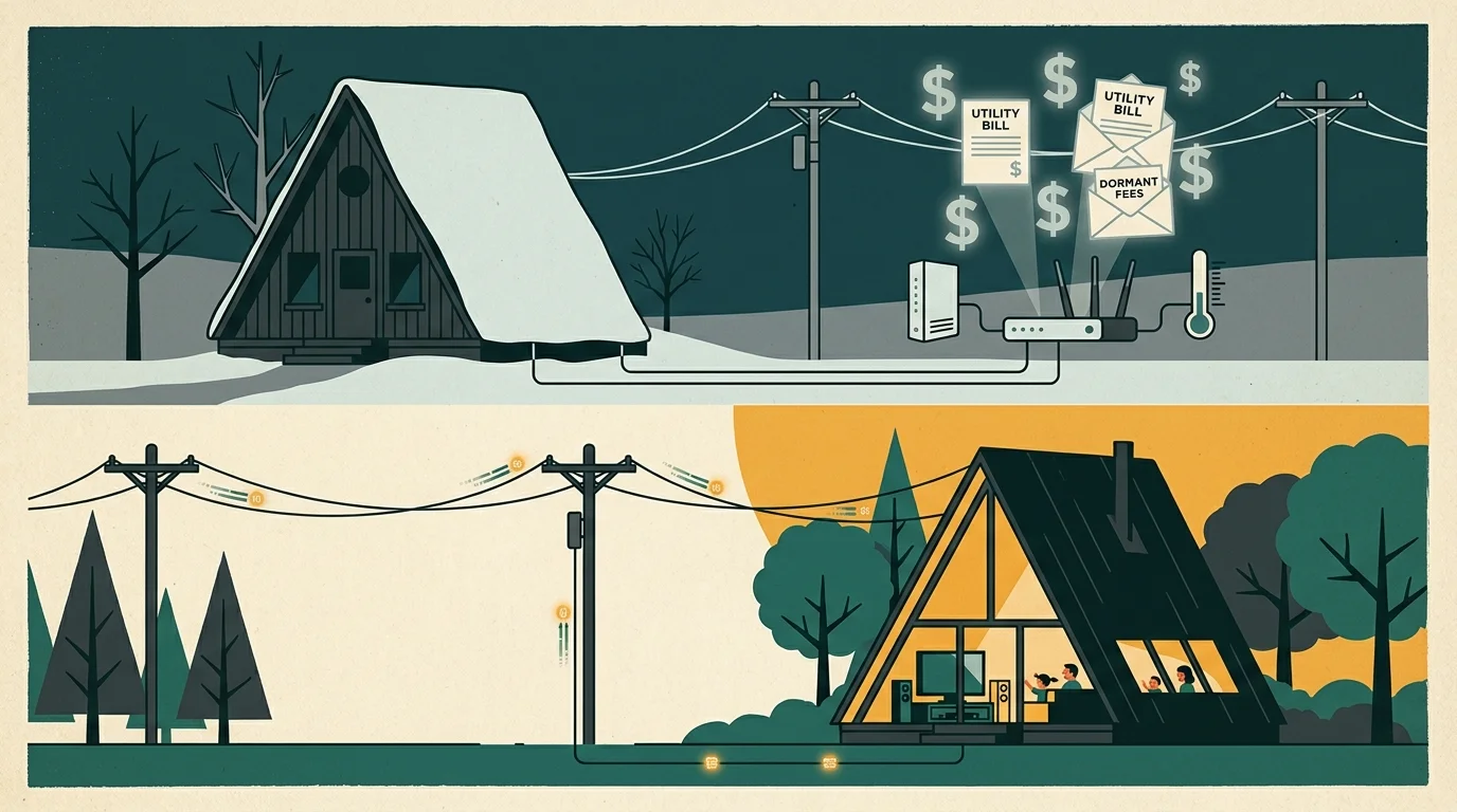 Split illustration of a snow-covered A-frame cabin with utility bills, and an occupied cabin with a family watching TV.