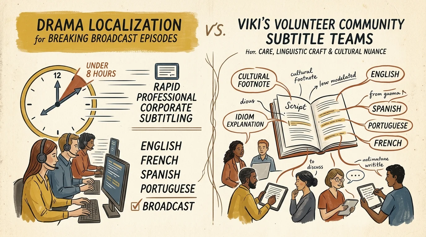 Illustration comparing corporate translators working under a clock to community members collaborating around a script book.