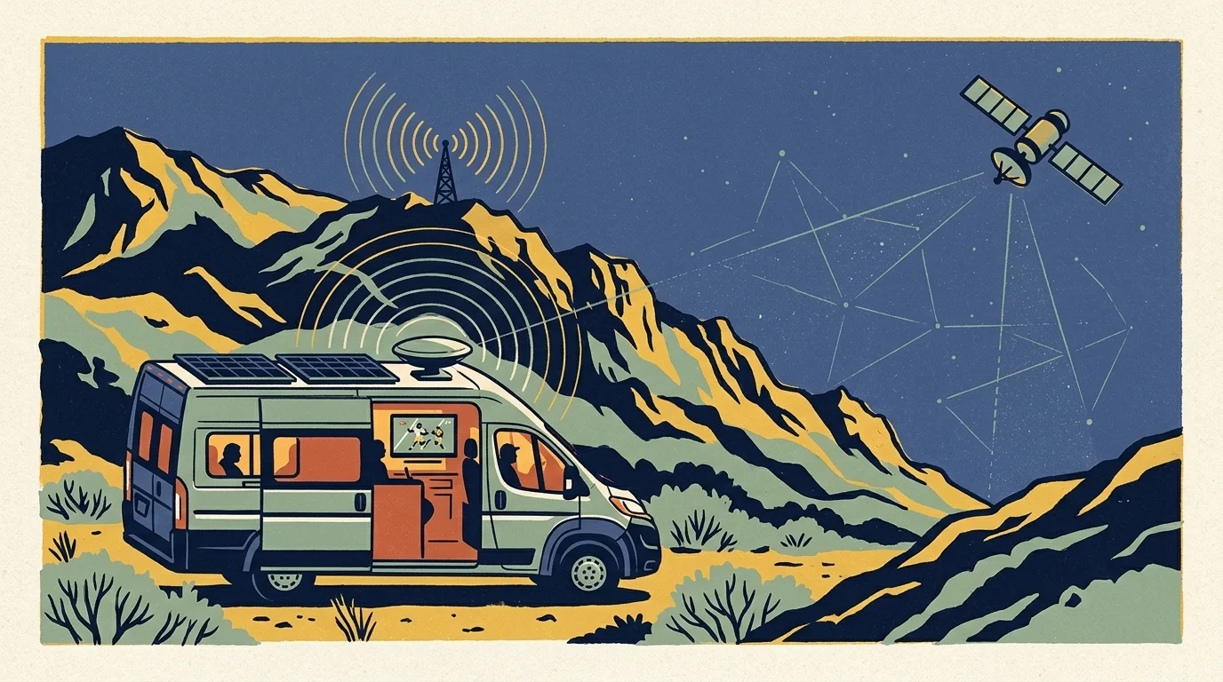 Illustration of a camper van in the mountains receiving signals from a broadcast tower and a satellite in the night sky.