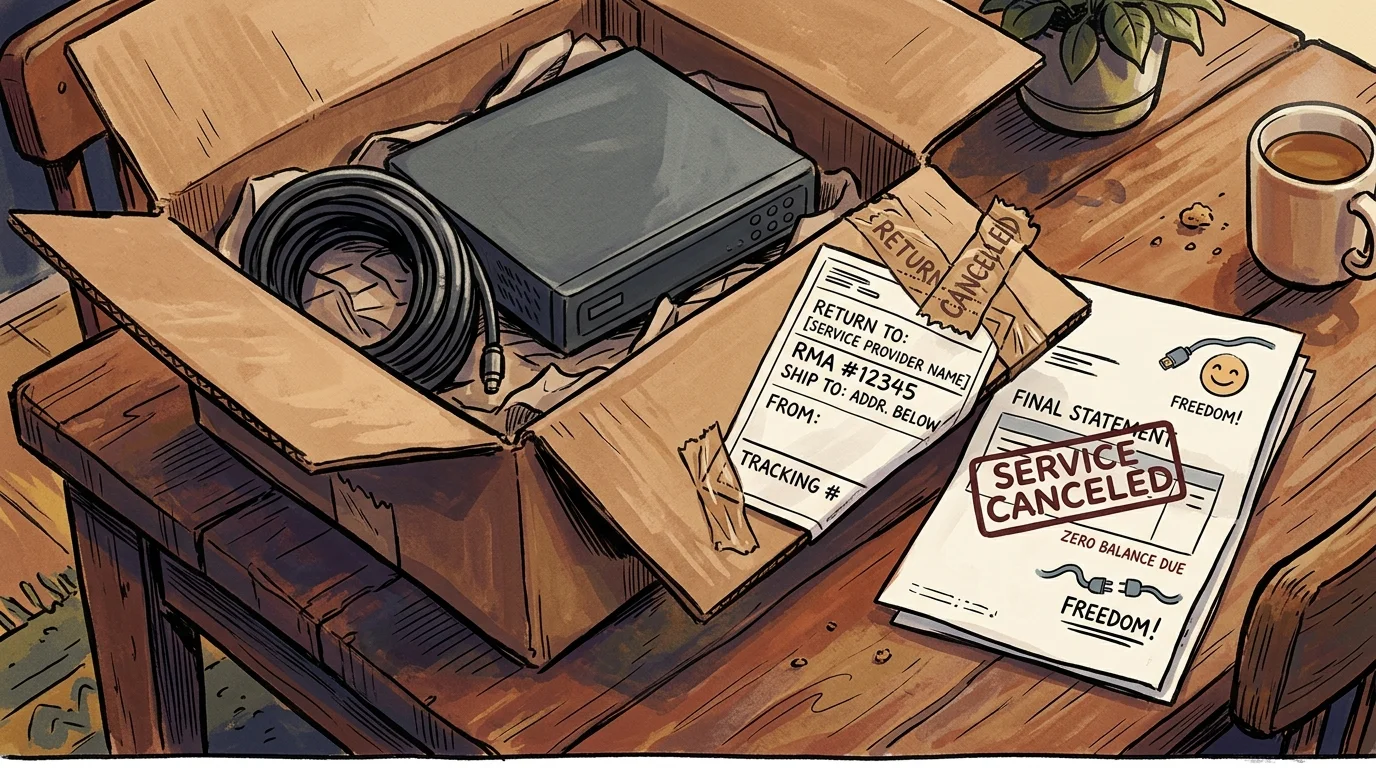 Cardboard box packed with a cable box, coiled cable, shipping return label, and a stamped canceled service statement.