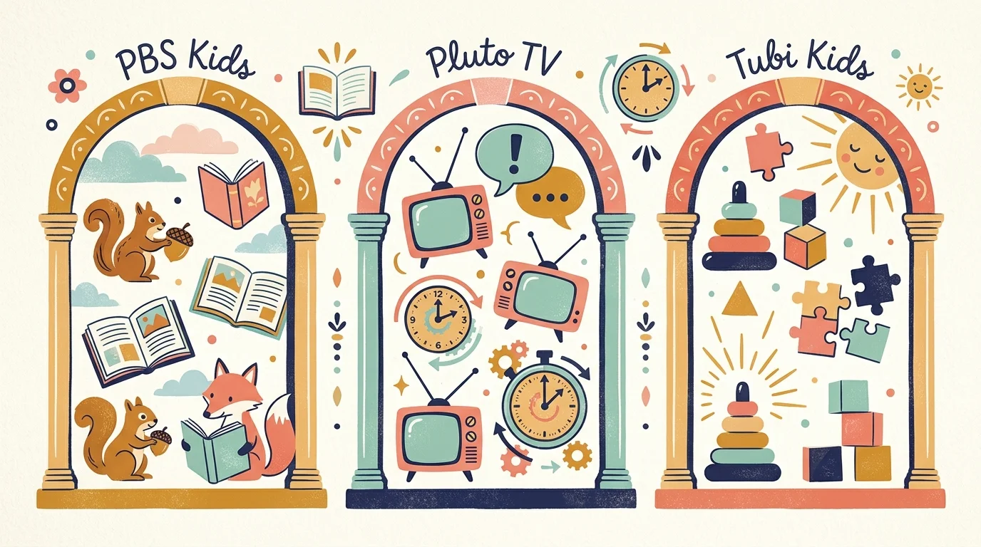 Illustration of three decorative arches labeled PBS Kids, Pluto TV, and Tubi Kids, filled with books, TVs, and toys.
