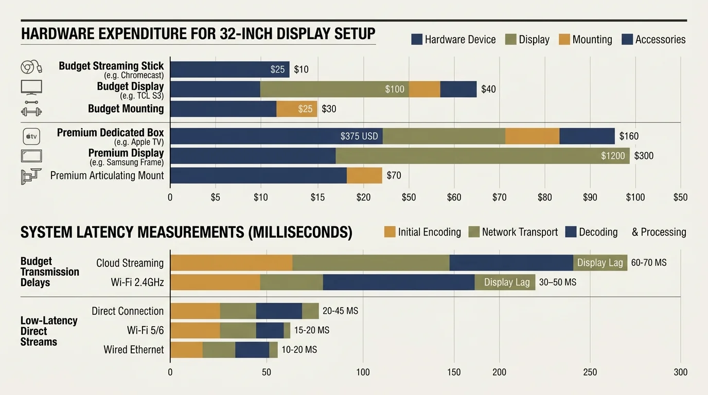 Horizontal bar charts comparing hardware expenditure and system latency measurements in milliseconds across streaming setups.