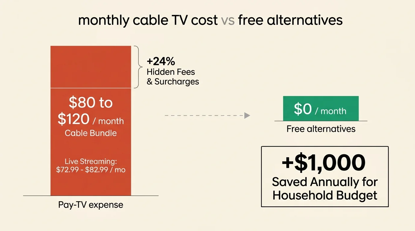 Bar chart comparing pay-TV expenses of $80 to $120 monthly against $0 free alternatives, saving over $1,000 annually.