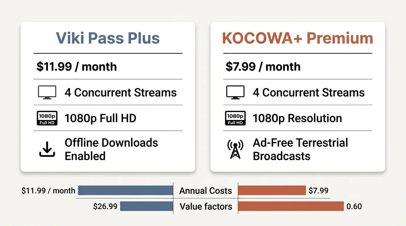 Comparison graphic showing Viki Pass Plus and KOCOWA+ Premium monthly pricing, concurrent streams, and technical specs.