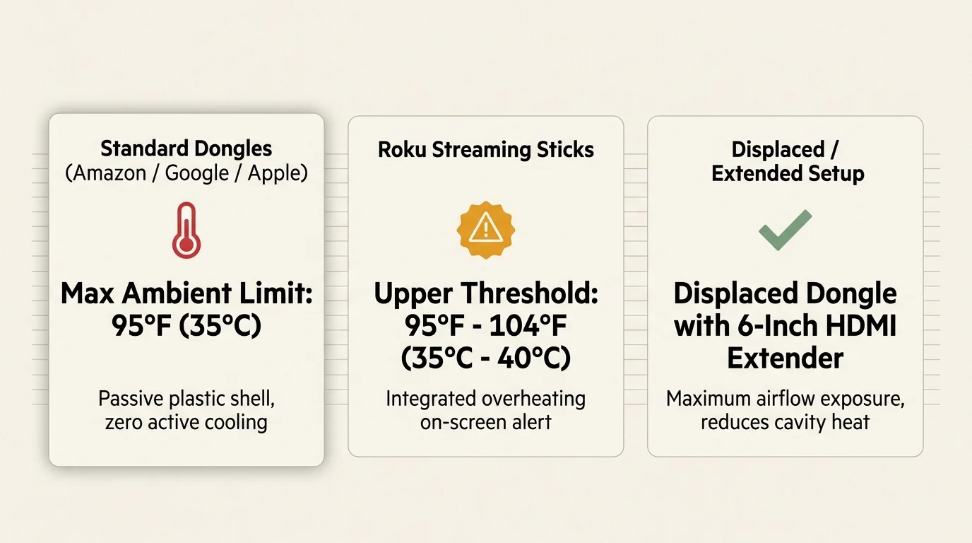 Three cards detailing thermal limits for standard dongles, Roku sticks, and displaced setups with an HDMI extender.