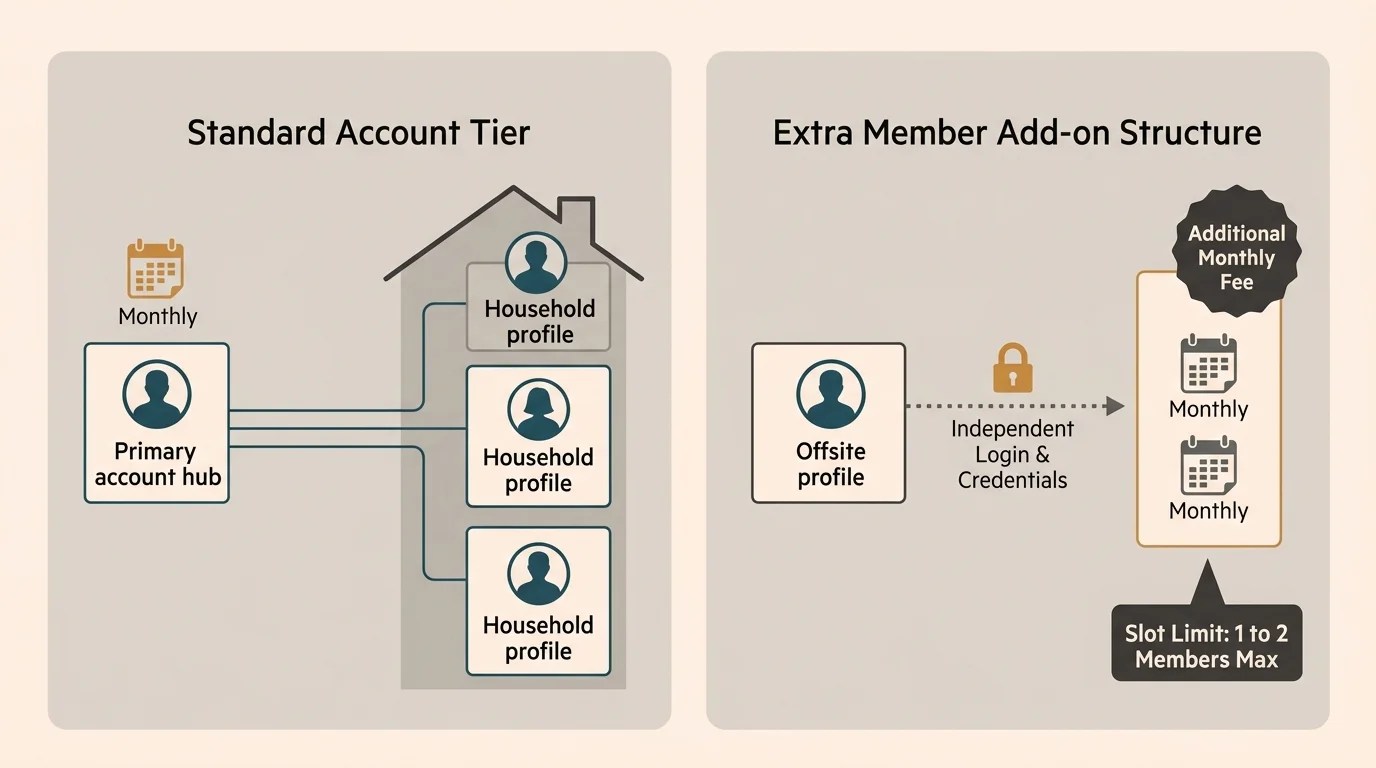 Diagram contrasting a Standard Account Tier with an Extra Member Add-on Structure requiring independent login credentials.