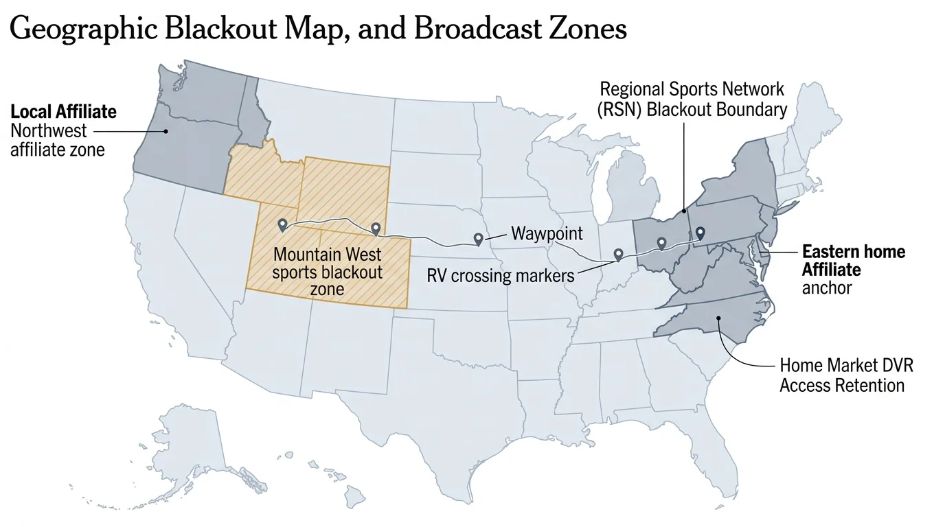 US map diagram showing broadcast zones, sports blackout boundaries, and an RV travel route with waypoint markers.