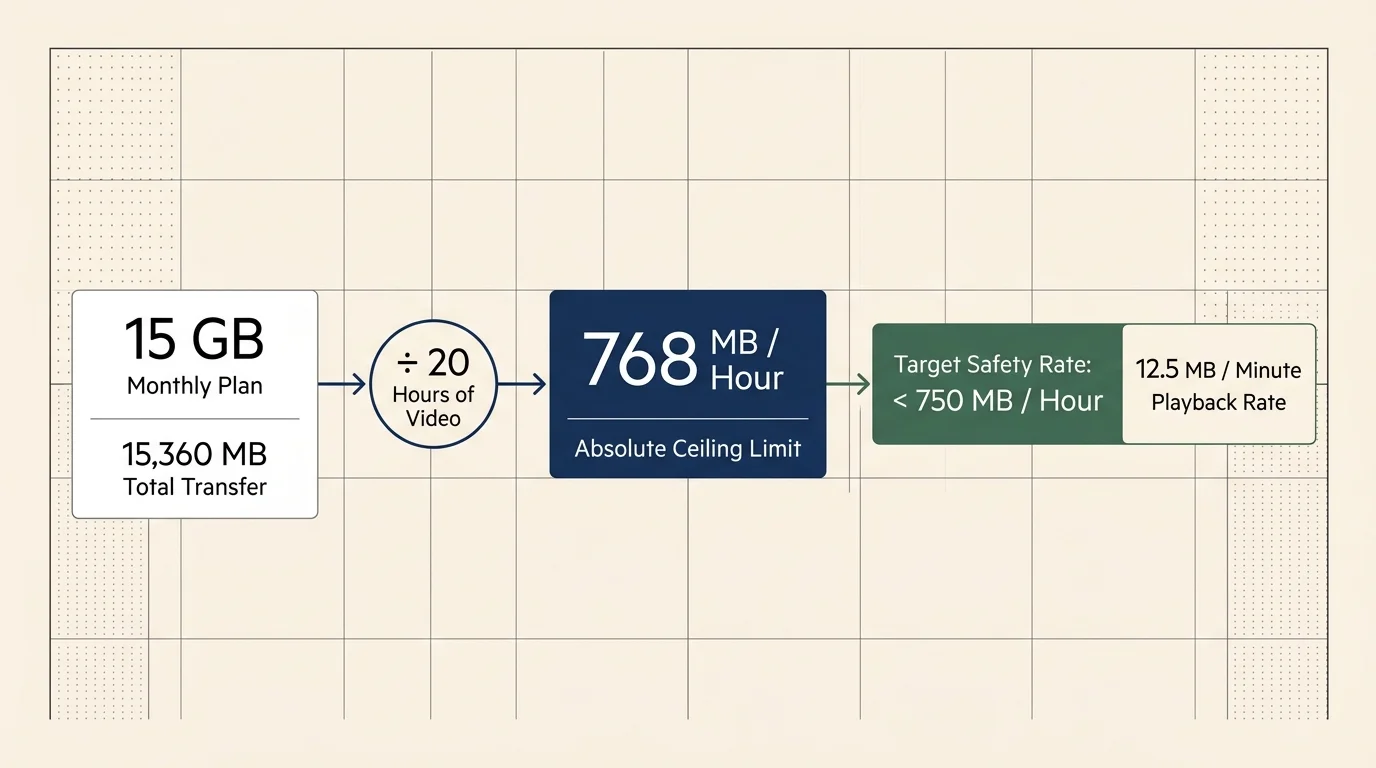 Diagram calculating video data rates from 15 GB down to 768 MB per hour and a target of 12.5 MB per minute.