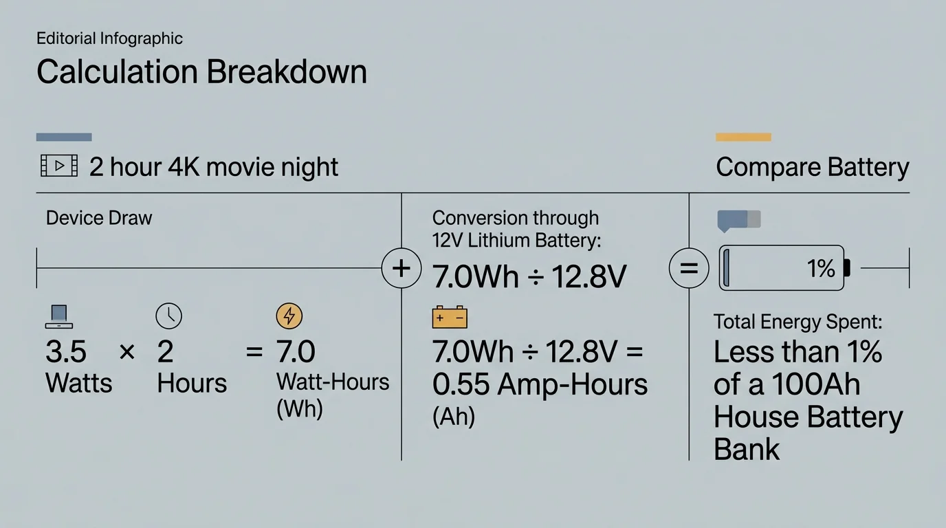 Infographic showing power calculation breakdown: 3.5 watts over 2 hours yields 0.55 amp-hours, using under 1% of a 100Ah battery.