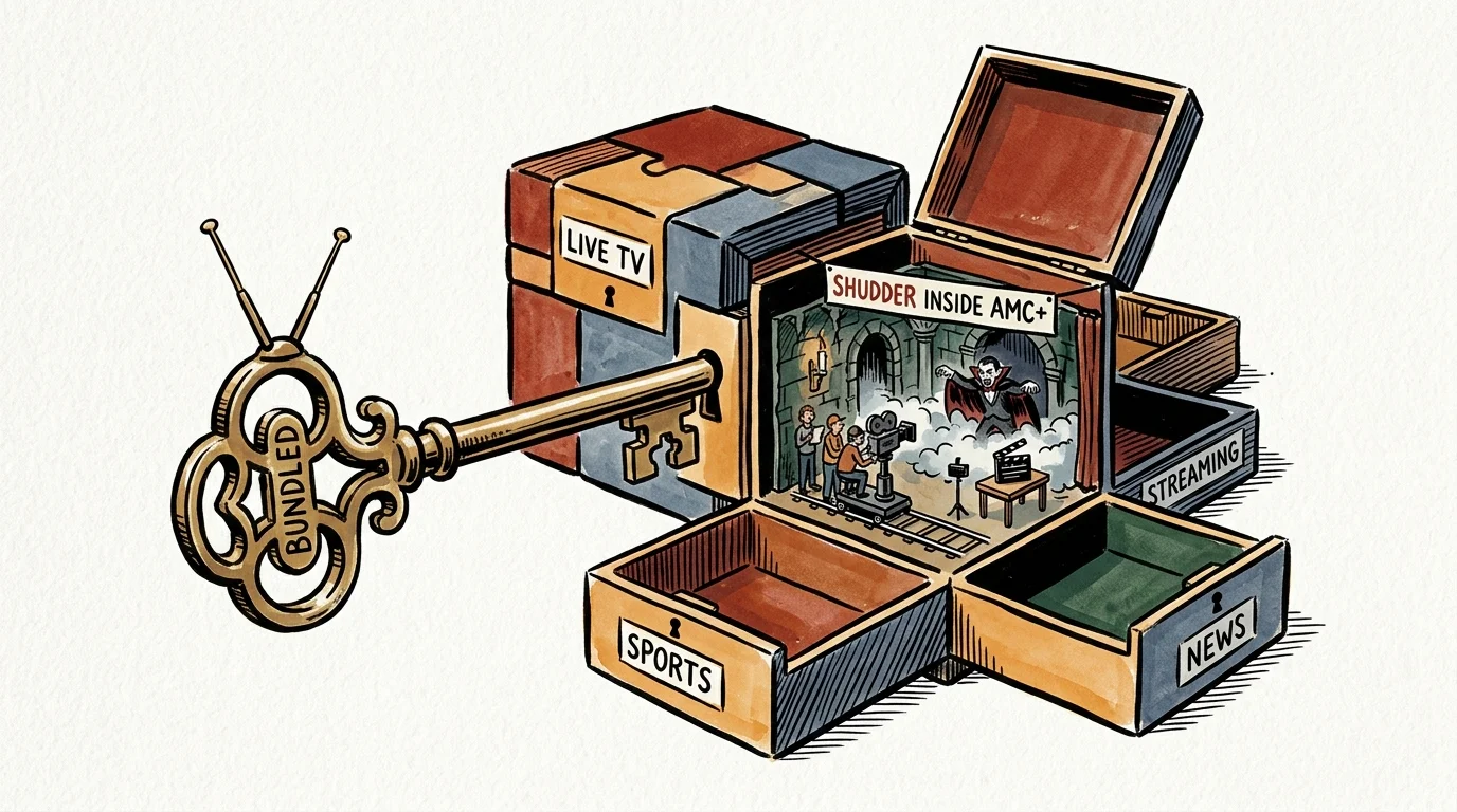 Illustration of an open puzzle box unlocked by a key, revealing a horror movie set labeled Shudder inside AMC+.