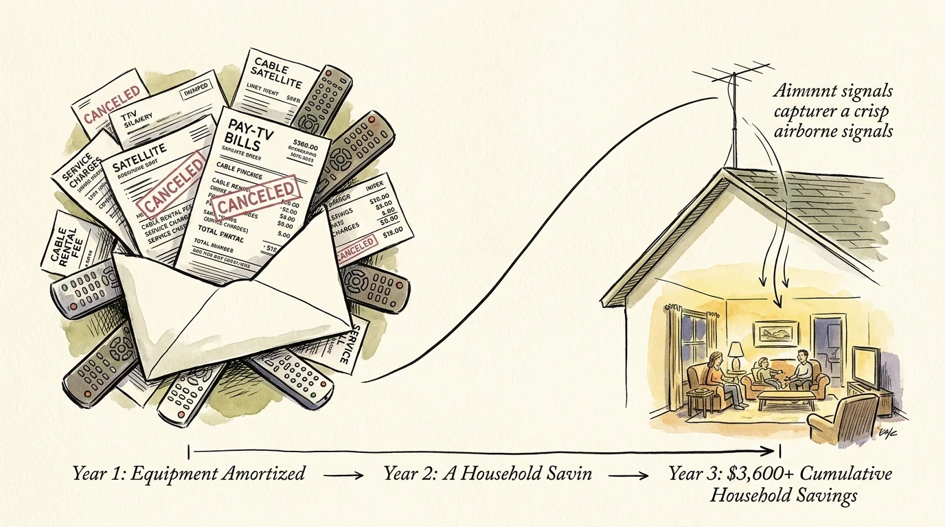 Illustration comparing canceled pay-TV bills and remotes on the left to a home using a rooftop antenna on the right.