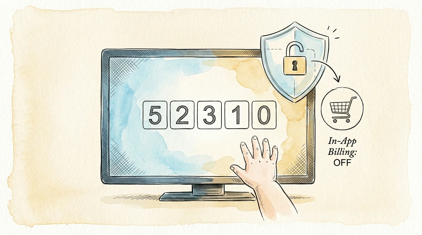 Illustration of a TV displaying a five-digit PIN as a child's hand reaches up beside a lock shield and shopping cart icon.