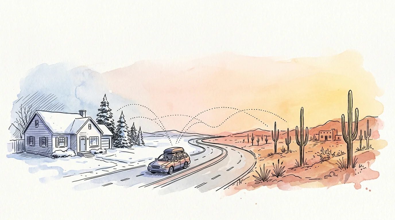 Watercolor of a car driving along a highway from a snowy house toward a desert landscape with saguaro cacti.