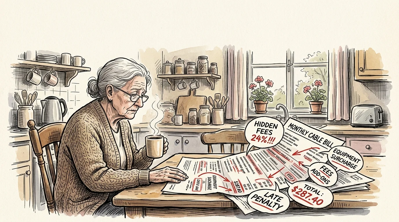 Elderly woman at a kitchen table holding a mug and looking anxiously at a cable bill with callouts for hidden fees.
