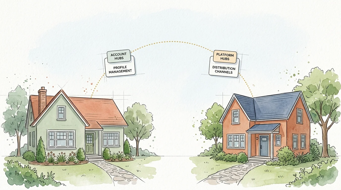 Watercolor illustration of two suburban houses connected by an arched dotted line with floating labels above each roof.