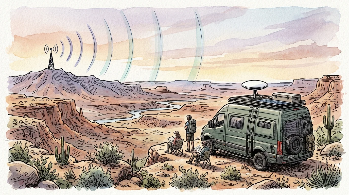 Watercolor illustration of a camper van on a desert canyon rim receiving radio waves from a distant antenna tower.