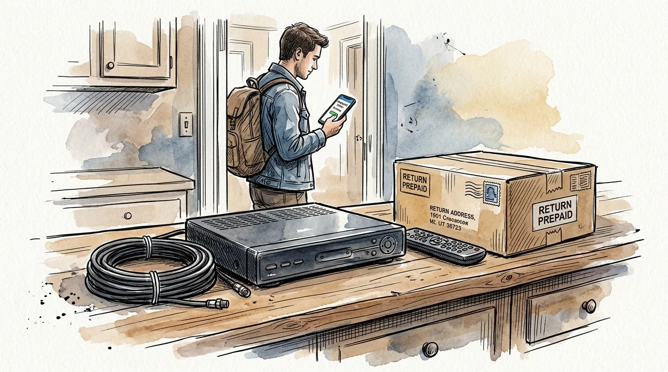 Watercolor illustration of a cable box, remote, coiled cord, and return box on a counter with a man holding a phone.