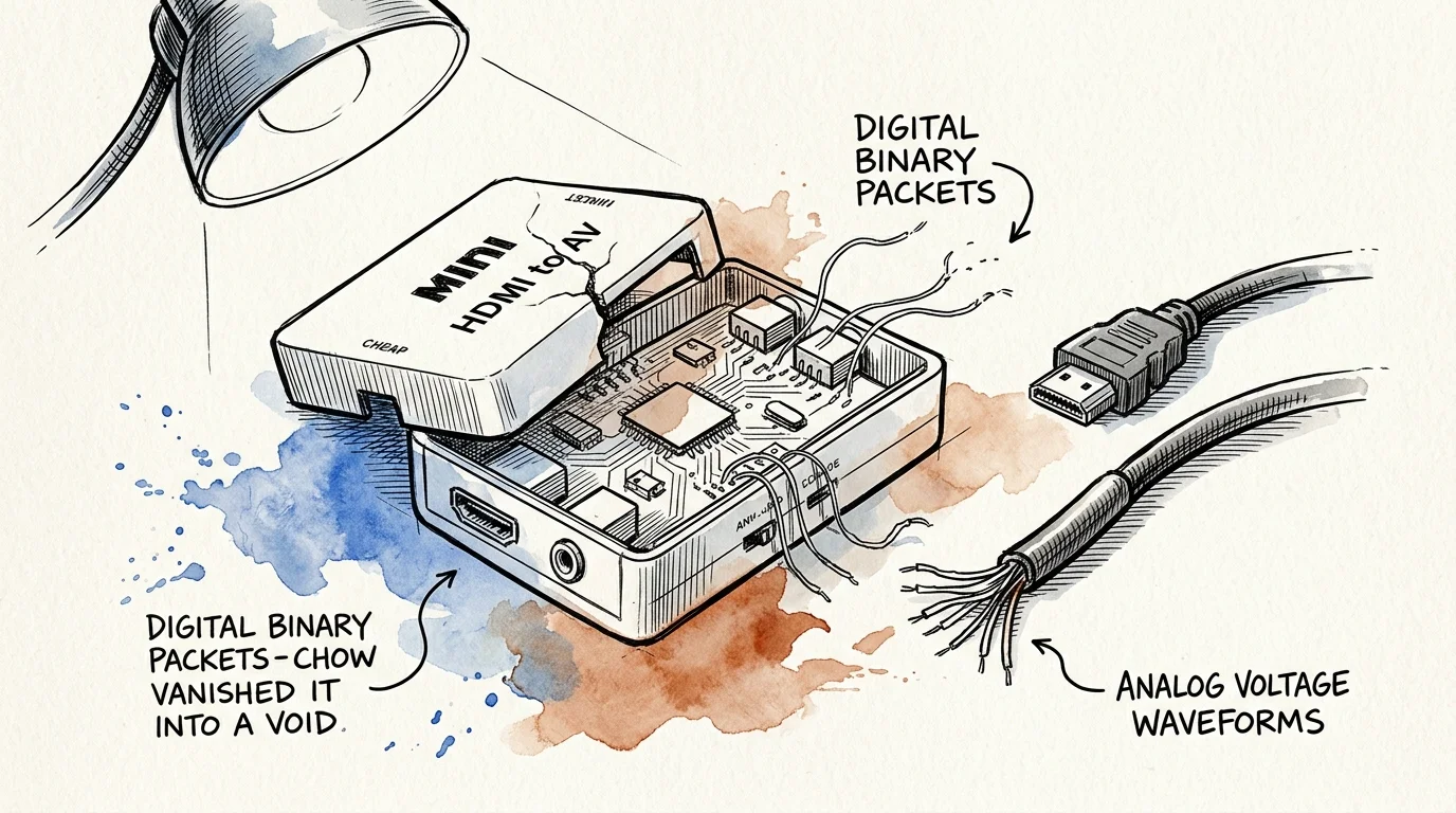 Sketch of a broken Mini HDMI to AV converter box under a lamp beside an HDMI cable and exposed wires with text labels.