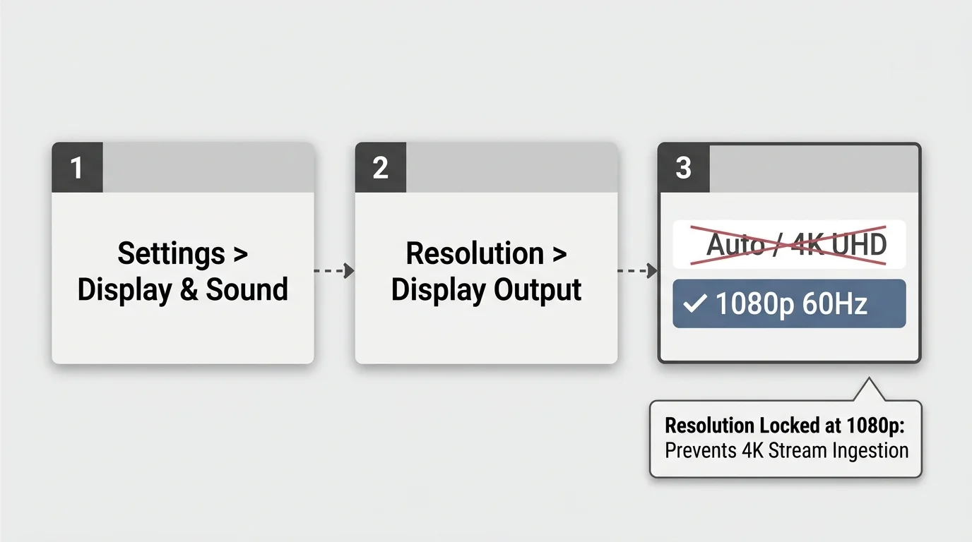 Three-step diagram showing navigation from Settings to Display Output, crossing out Auto 4K UHD and selecting 1080p 60Hz.