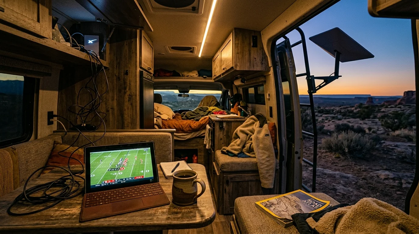 Interior of a camper van with a tablet streaming a football game on a table, beside an open door facing a desert sunset.