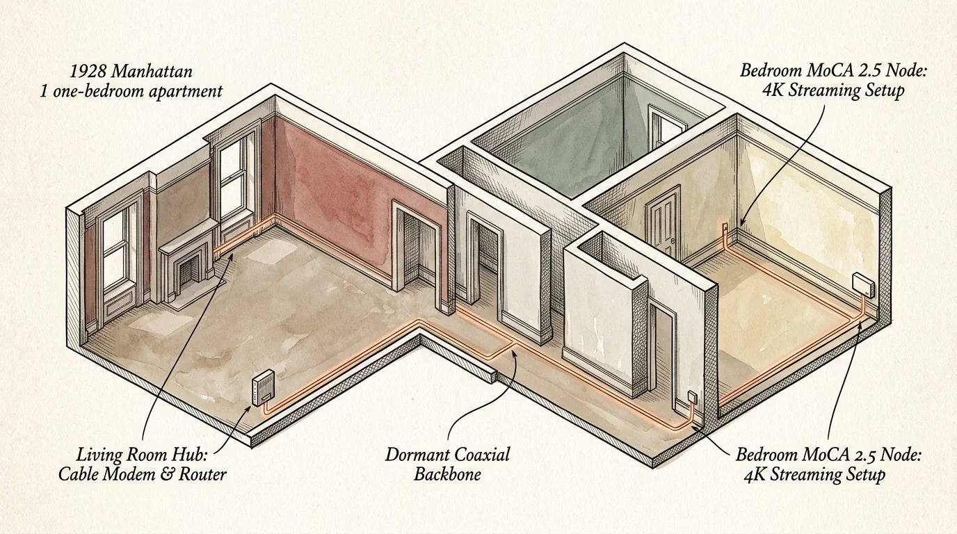 Isometric floor plan illustration showing a coaxial cable routing between rooms in an apartment.