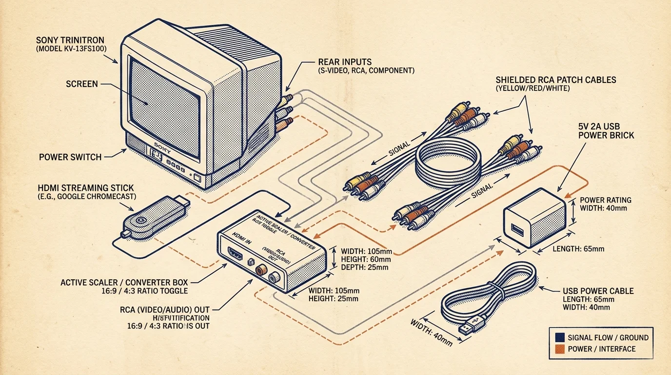 Diagram showing a CRT television connected to a streaming stick, active converter box, RCA cables, and USB power adapter.