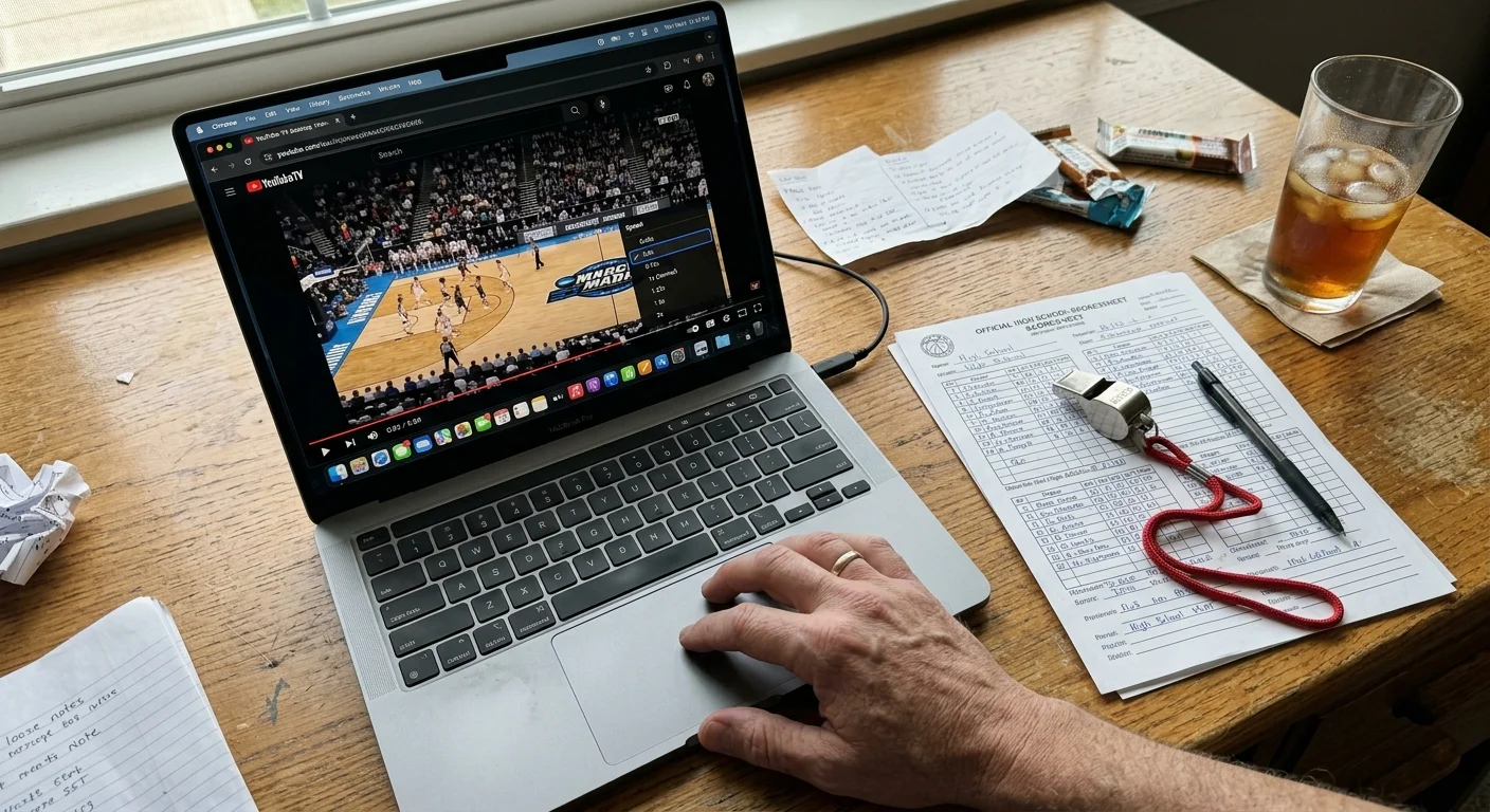 Laptop displaying a basketball game on YouTube TV beside a scoresheet, whistle, and iced beverage on a wooden desk.
