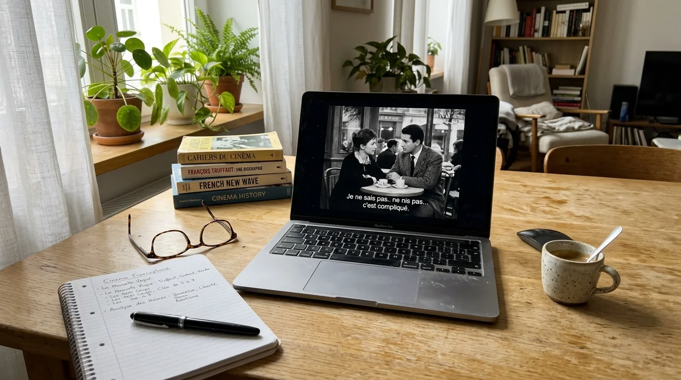 Laptop playing a black-and-white French film on a wooden desk beside cinema books, notes, glasses, and a coffee cup.