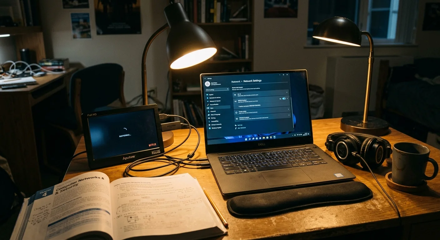 A laptop open to network settings sits on a wooden desk next to a small display, headphones, and an open notebook.
