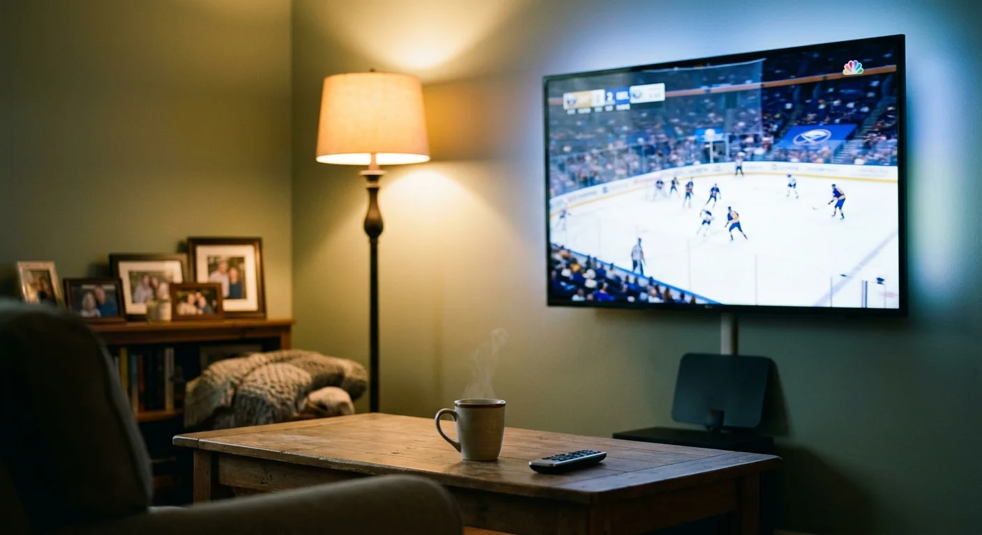 Wall-mounted television showing an ice hockey broadcast in a cozy living room with a floor lamp and wooden coffee table.