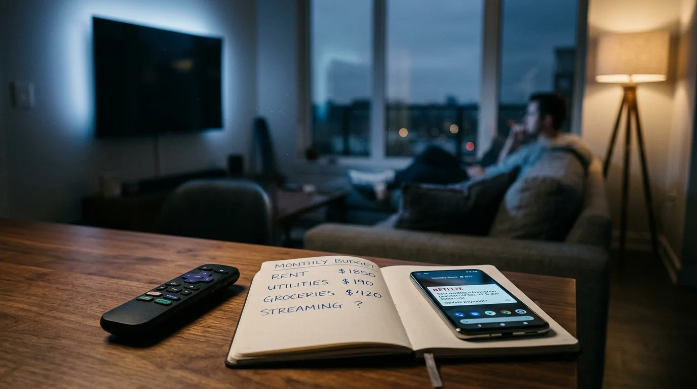 A notebook open to a handwritten monthly budget sits beside a remote and smartphone with a person on a couch behind it.