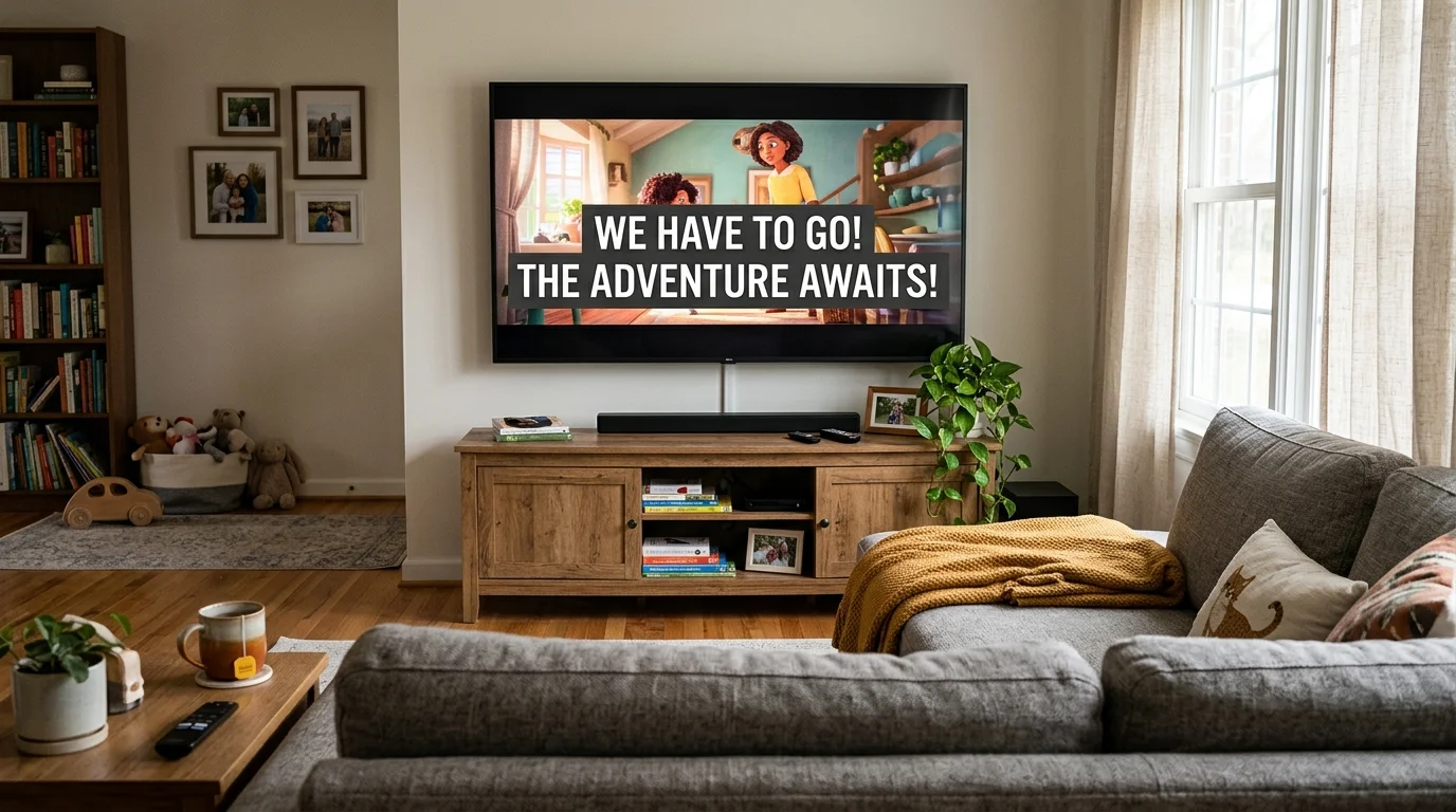 Living room view from behind a grey sofa toward a wall-mounted TV displaying an animated movie with large closed captions.
