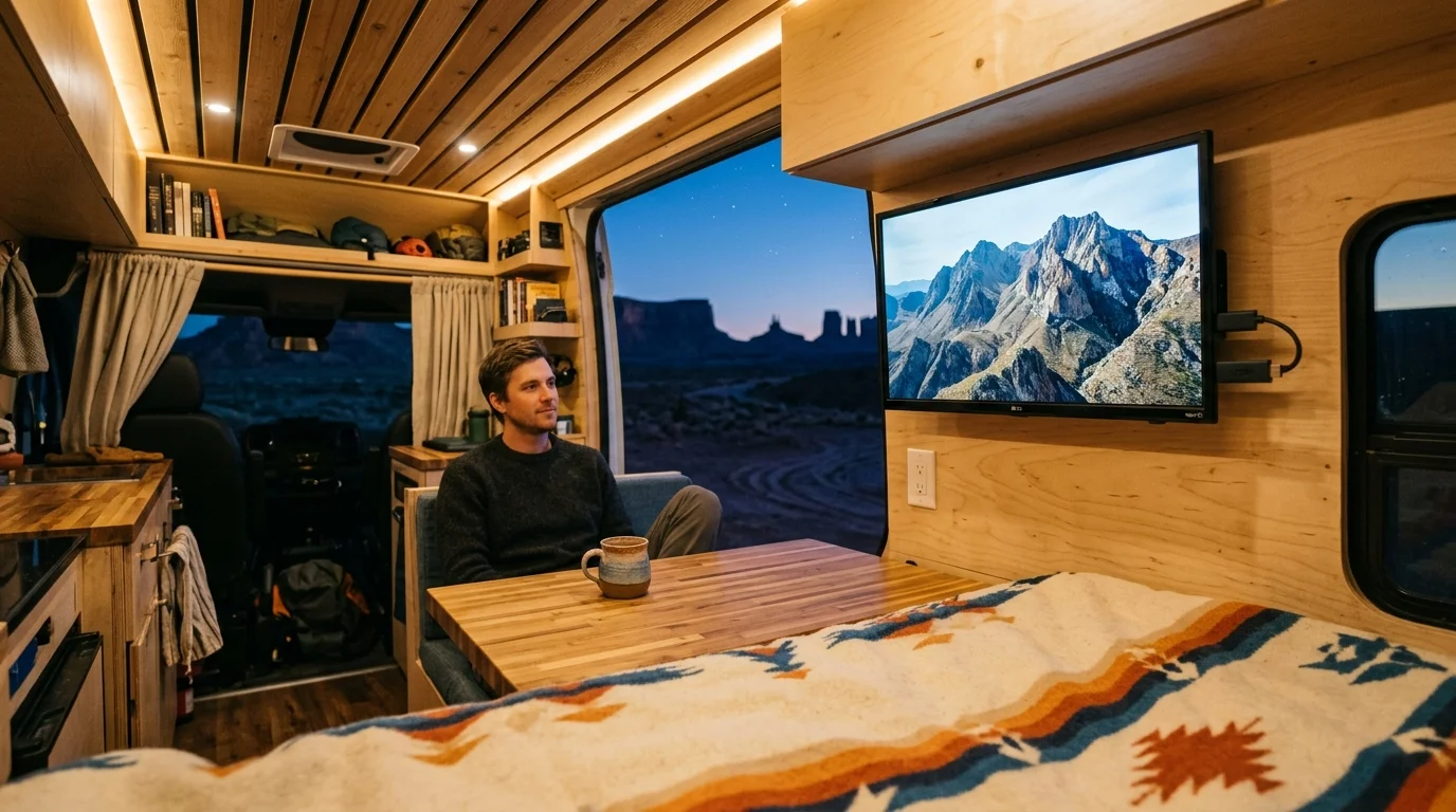 Man sitting at a wooden table inside a camper van with a mounted television displaying mountain scenery.