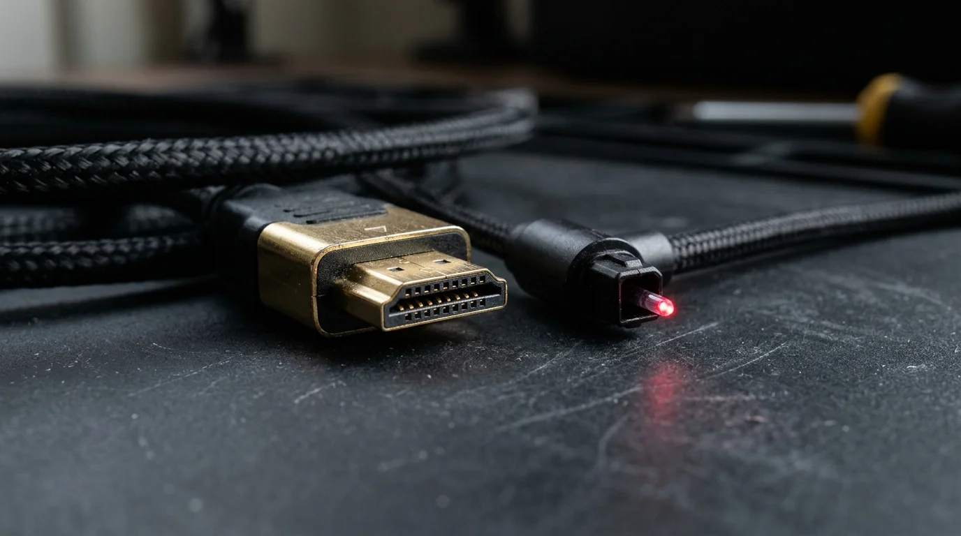 A gold-plated HDMI cable connector alongside a digital optical TOSLink cable end glowing with red light on a dark surface.